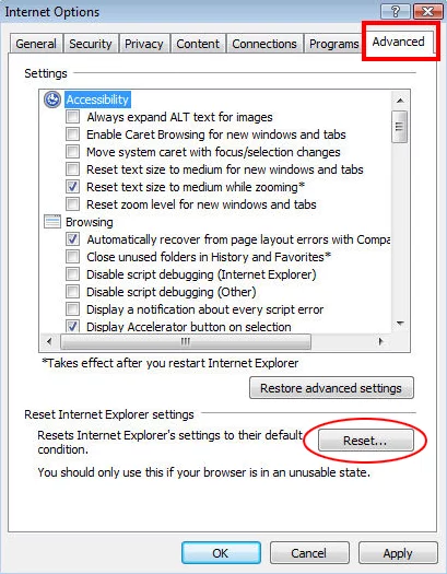 Choose to reset Internet Explorer