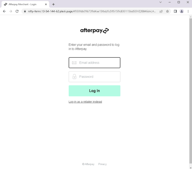 Afterpay credential phishing site whose URL is a huge giveaway