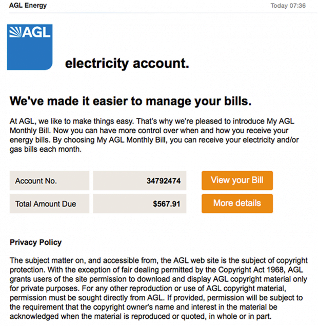 Phishing email pretending to be from AGL Energy