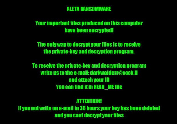 Alert generated by Aleta ransomware