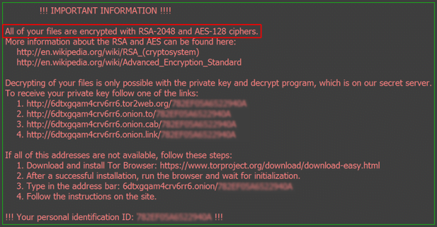 'All of your files are encrypted with RSA-2048 and AES-128 ciphers' warning message