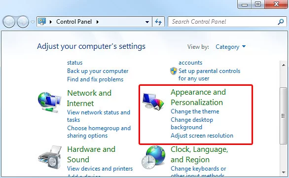 Select Appearance and personalization under Control Panel