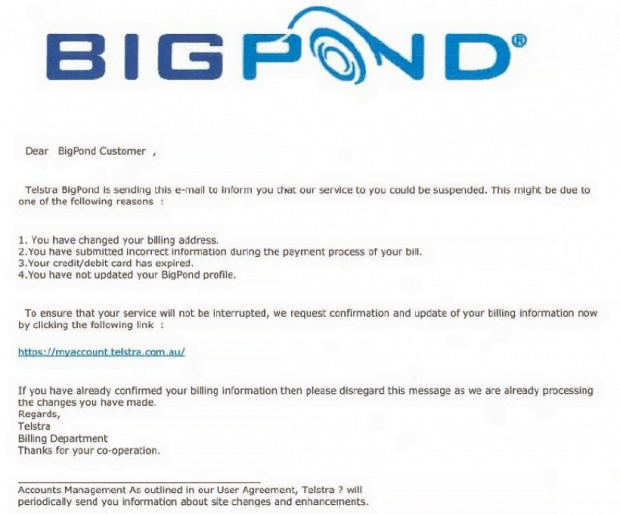 BigPond phishing email