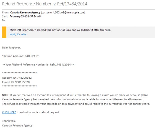 Canada Revenue Agency phishing email example