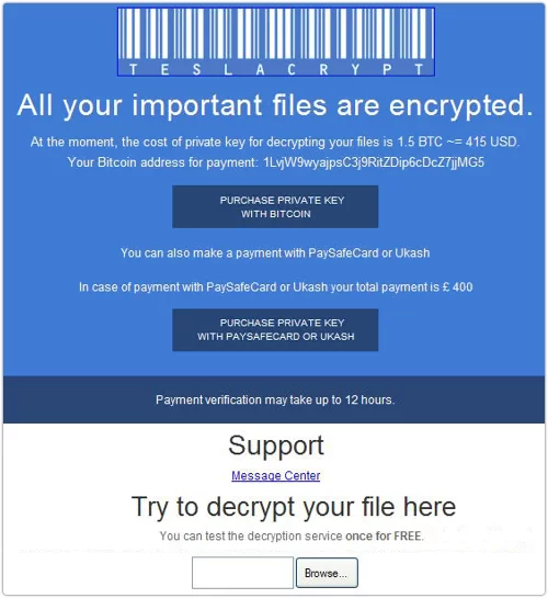 Ransomware page for user interaction and payment