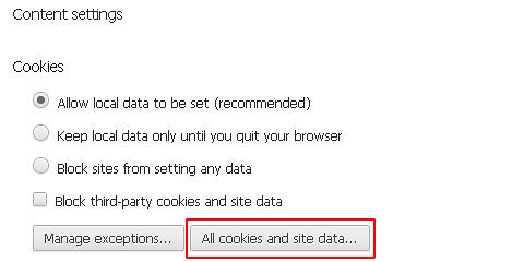Select All cookies and site data option