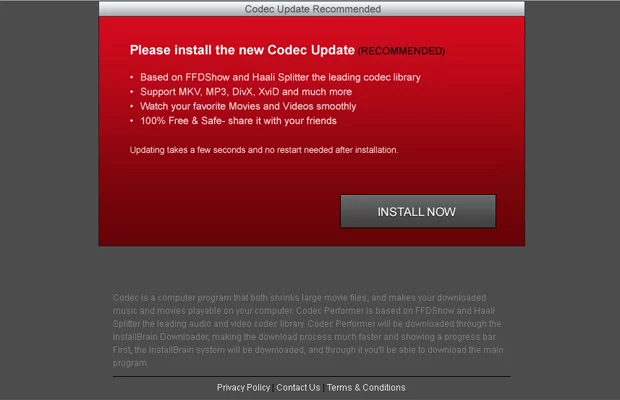 One of the popup ads displayed by Codec Performer adware One of the popup ads displayed by Codec Performer adware
