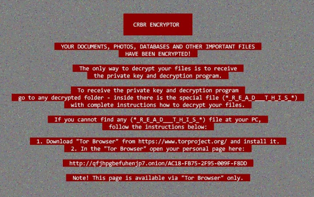 CRBR Encryptor desktop wallpaper with ransom instructions