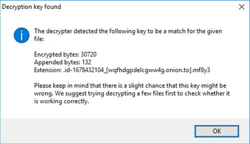 ‘Decryption key found’ message. Image courtesy of Emsisoft ‘Decryption key found’ message. Image courtesy of Emsisoft