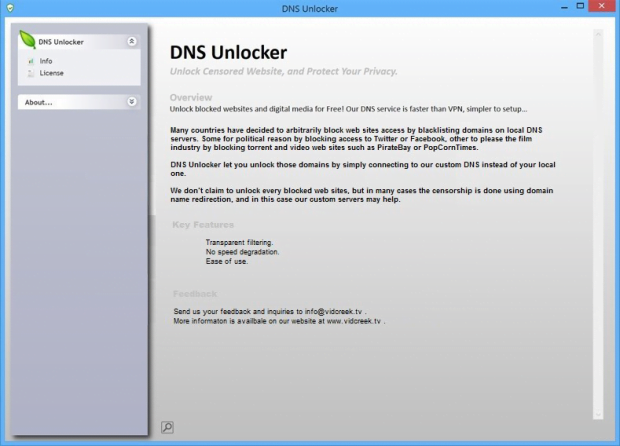 Main pane of DNS Unlocker