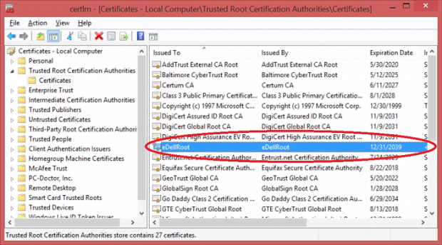 Pre-installed eDellRoot certificate can lead to serious privacy issues