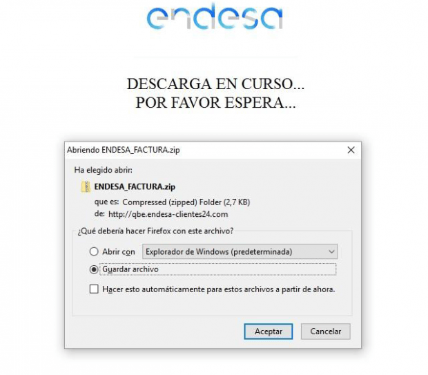 Endesa_Factura.zip attached to the phishing email