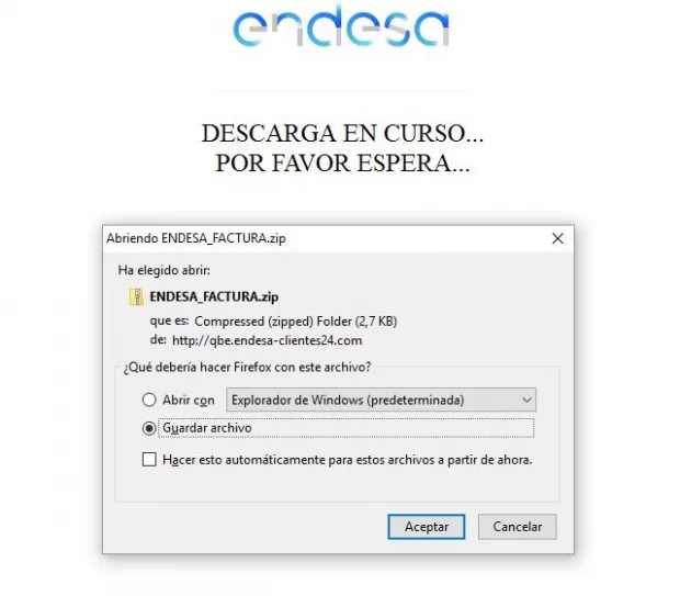 Endesa_Factura.zip attached to the phishing email Endesa_Factura.zip attached to the phishing email
