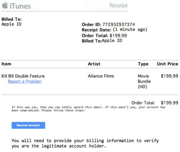 Fake iTunes Store receipt email