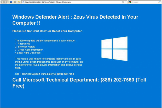 Fake ‘Zeus Virus Detected’ alert allegedly produced by Windows Defender