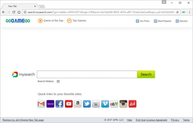 GoGameGo virus causes redirects to search.mysearch.com