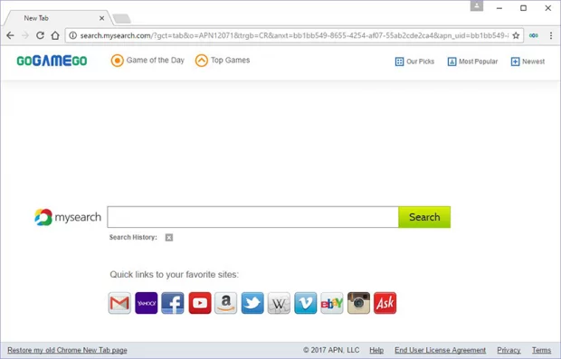 GoGameGo virus causes redirects to search.mysearch.com GoGameGo virus causes redirects to search.mysearch.com