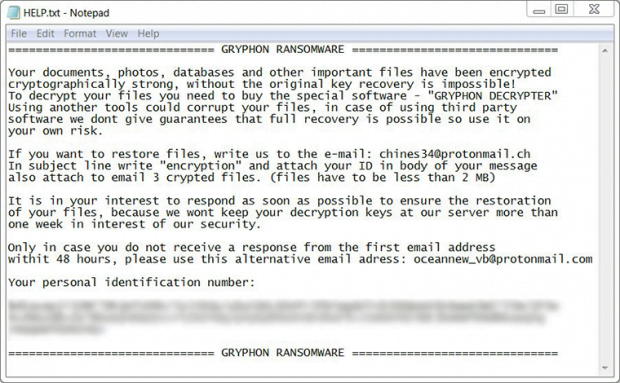 Gryphon ransomware HELP.txt ransom note