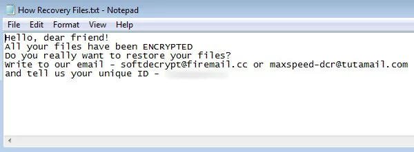 How Recovery Files.txt ransom note telling the victim to contact criminals at softdecrypt@firemail.cc or maxspeed-dcr@tutamail.com