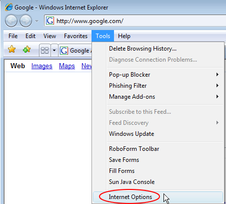 Go to Internet Options in IE