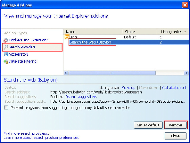 Remove Conduit Search from Internet Explorer`s search providers