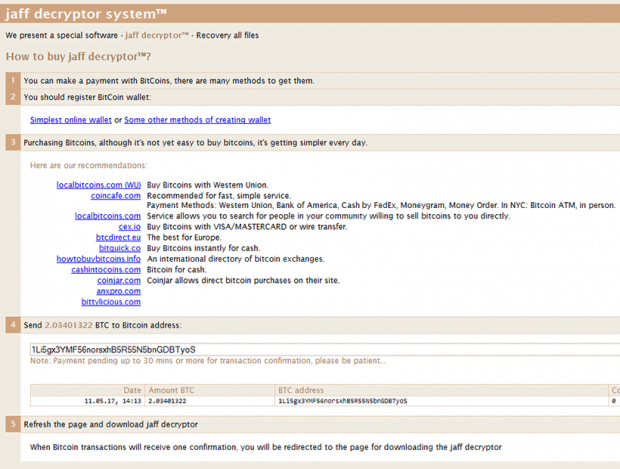 Jaff Decryptor System page specifying data decryption method via ransom payment
