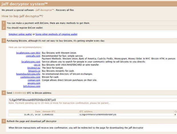 Jaff Decryptor System page specifying data decryption method via ransom payment