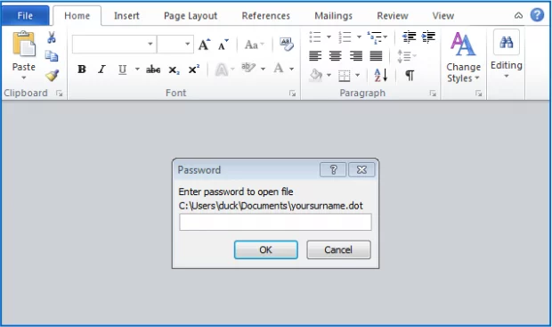 Password prompt to open the .dot file