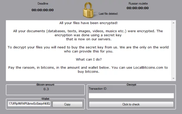 Warning screen by the Philadelphia ransomware Warning screen by the Philadelphia ransomware
