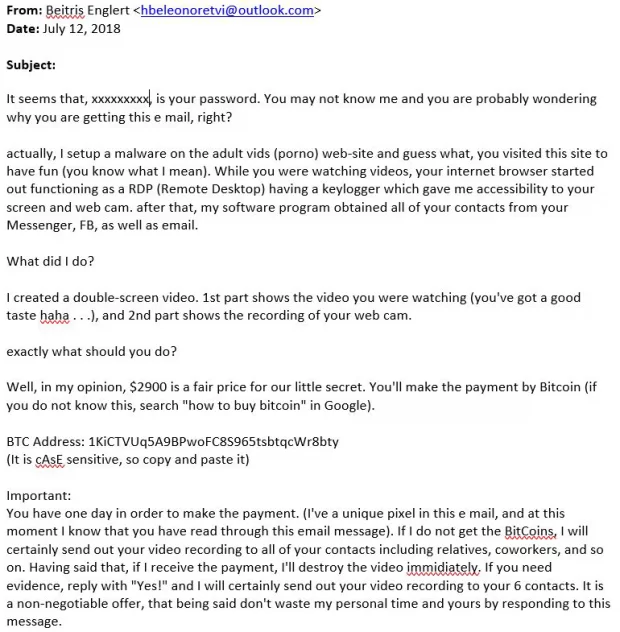 A variant of the porn blackmail email scam A variant of the porn blackmail email scam
