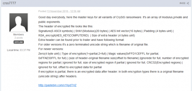 Forum post with Crysis ransomware decrypt information