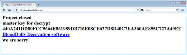 Project closure message on TeslaCrypt Tor page