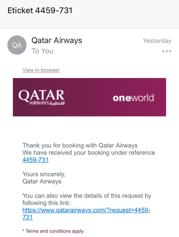 Qatar Airways email scam containing a malicious link