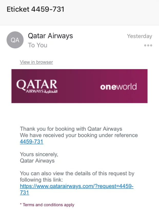 Qatar Airways email scam containing a malicious link Qatar Airways email scam containing a malicious link