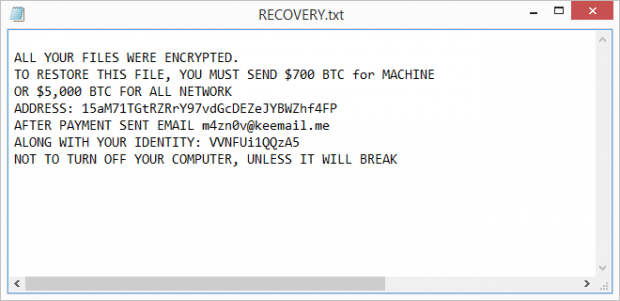 RECOVERY.txt rescue note by HC7 ransomware