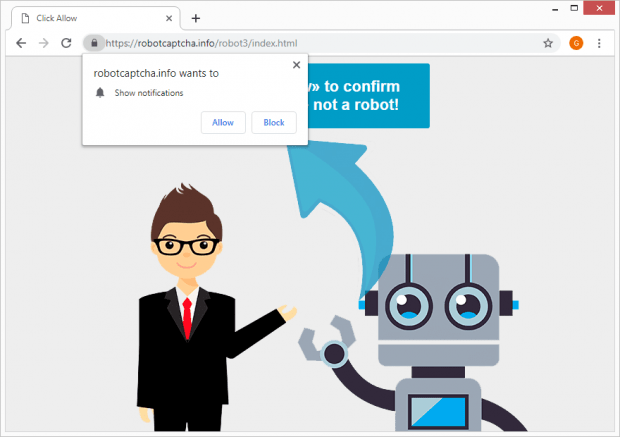 Robot Captcha virus causes browser redirects to robotcaptcha.info site hosting rogue permission request popups