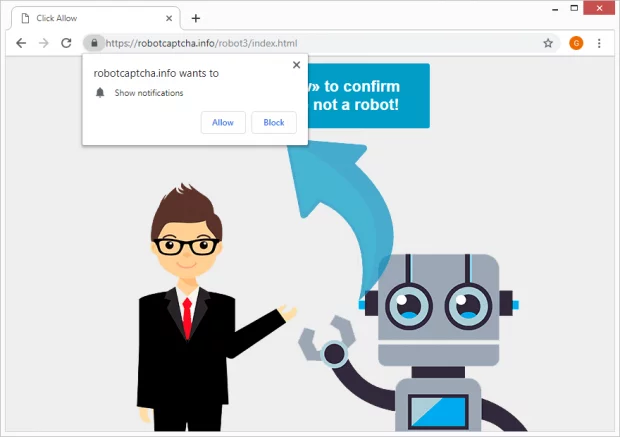 Robot Captcha virus causes browser redirects to robotcaptcha.info site hosting rogue permission request popups Robot Captcha virus causes browser redirects to robotcaptcha.info site hosting rogue permission request popups