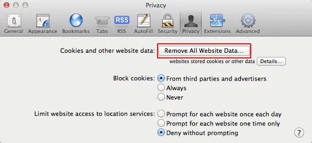 Click the Remove All Website Data button