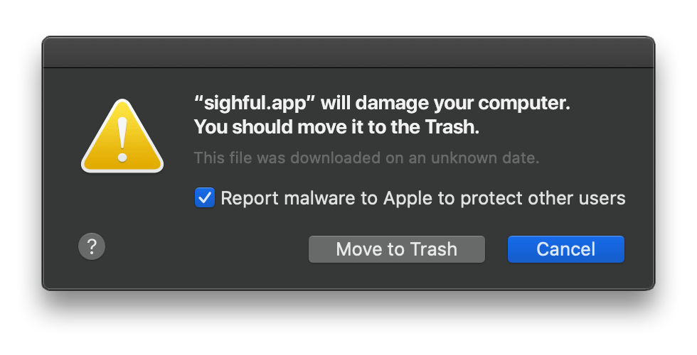 “sighful.app will damage your computer” pop-up alert on Mac