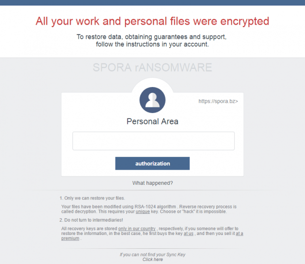 Spora ransomware leaves an HTML ransom note that’s also a login page to the decryption service