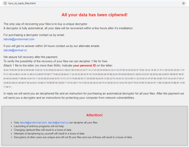 How_to_back_files.html rescue note created by Tabufa ransomware How_to_back_files.html rescue note created by Tabufa ransomware
