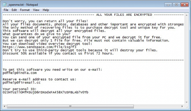 Tfude ransomware provides decryption steps in _openme.txt file