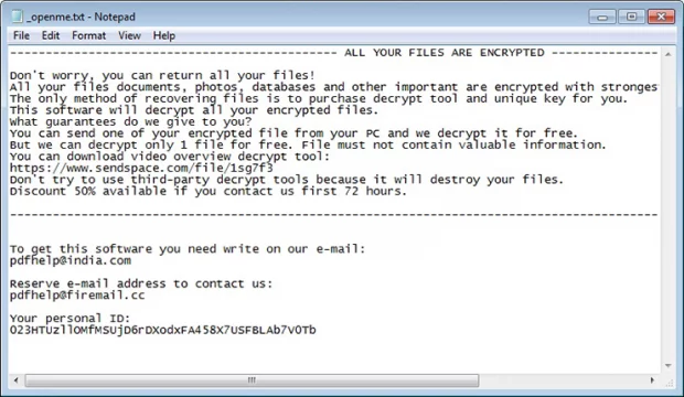 Tfude ransomware provides decryption steps in _openme.txt file