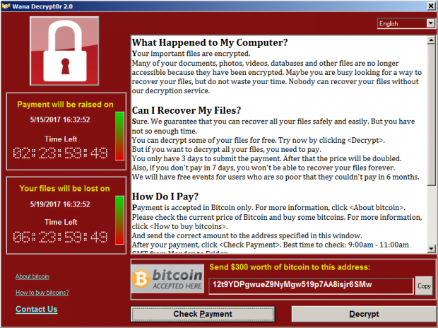 Wana Decrypt0r 2.0 ransomware GUI